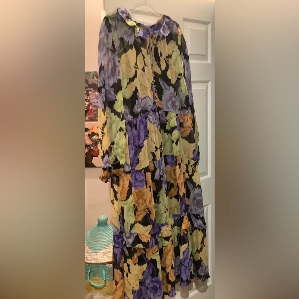 Anthropologie Floral Long-Sleeve Maxi Dress in Black, Yellow & Lavender - Picture 5 of 11